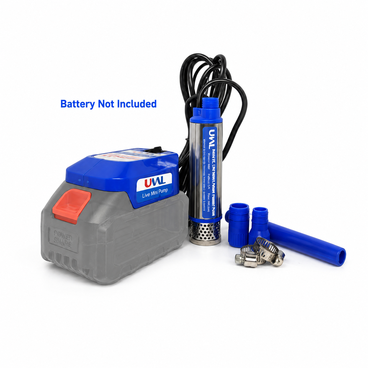 Model 32 pump shown with a Makita-style battery adapter; battery not included