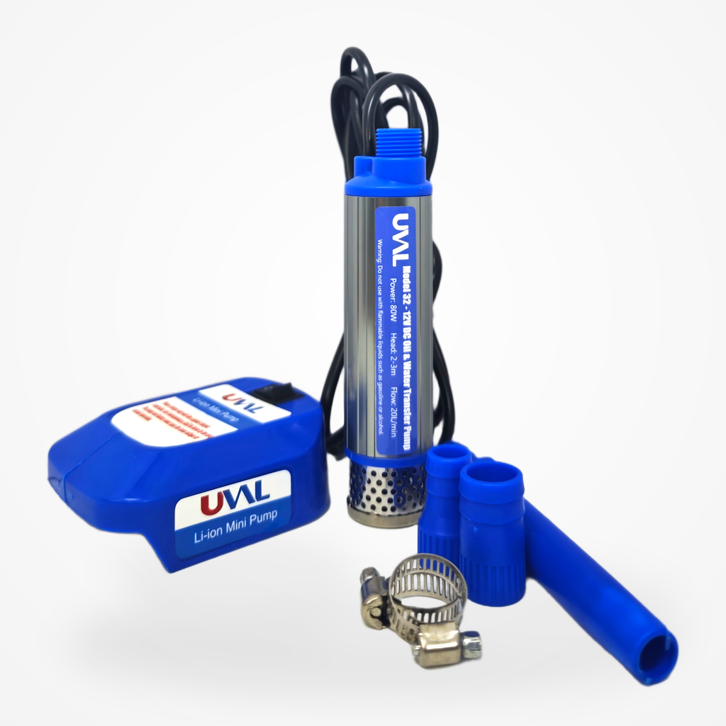 UVAL Model 32 cordless mini oil and water transfer pump with battery adapter and hose fittings